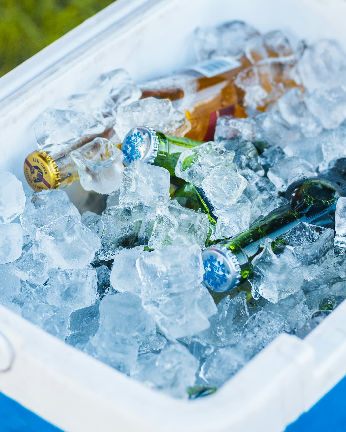 Bebidas geladas na caixa de gelo, prontas para entrega